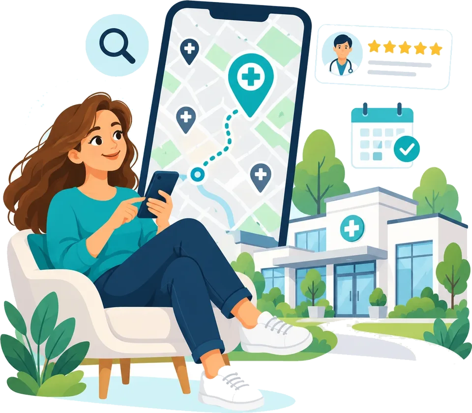Illustration: Eine Frau sitzt entspannt im Sessel und sucht auf dem Smartphone eine Arztpraxis in der Nähe – auf der Karte ist eine Praxis markiert, daneben Bewertung und Terminbestätigung.