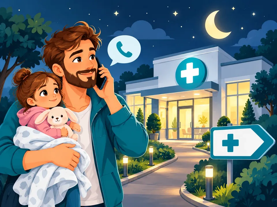 Illustration: Ein Vater mit seinem Kind auf dem Arm telefoniert abends vor einer beleuchteten Bereitschaftspraxis mit Kreuz-Schild.