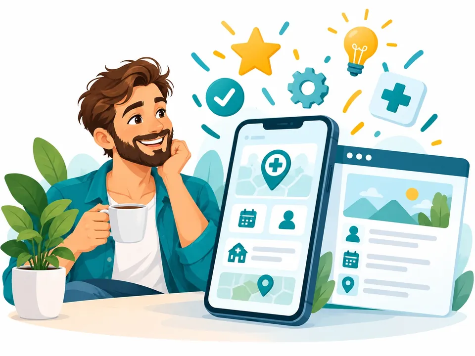 Illustration: Ein Mann mit Kaffeetasse freut sich über Neuerungen auf Smartphone und Webseite – Stern, Häkchen, Zahnrad und Glühbirne steigen auf.