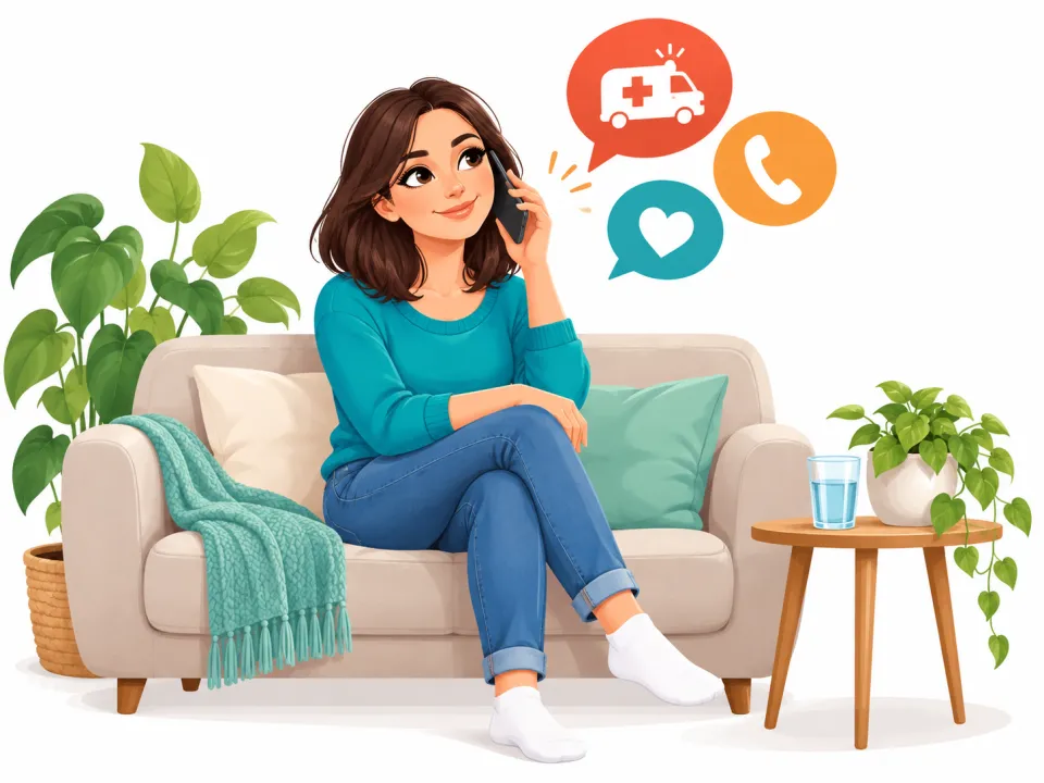 Illustration: Eine Frau sitzt ruhig auf dem Sofa und telefoniert; Symbole zeigen Rettungsdienst, Bereitschaftsdienst und Telefonseelsorge.