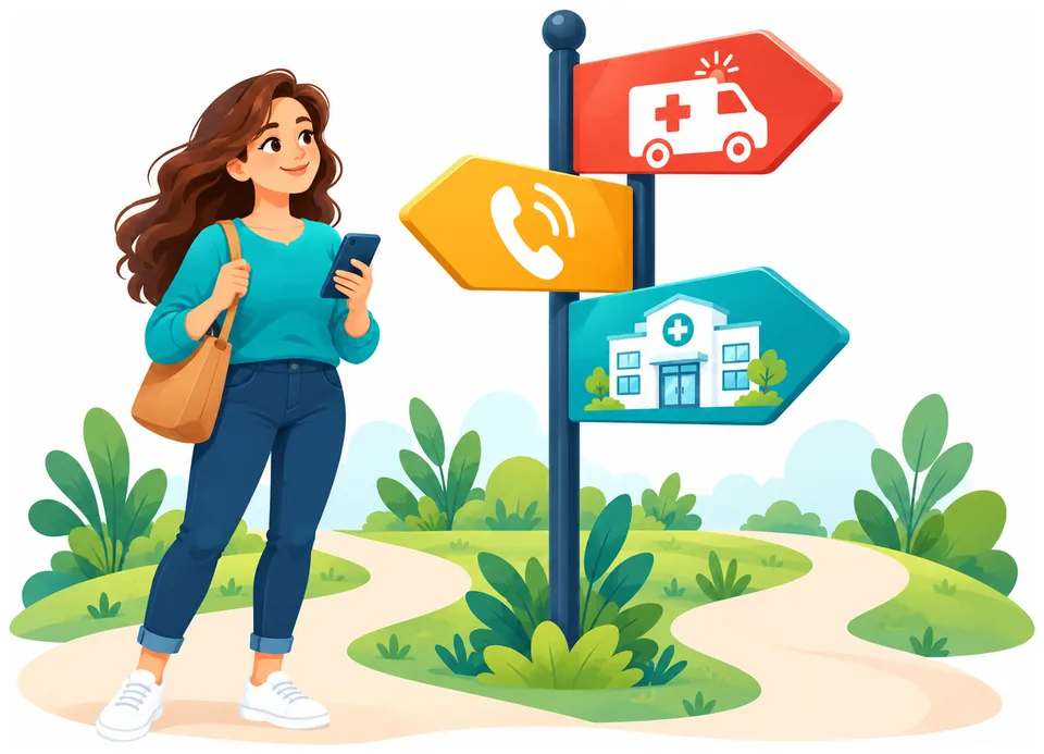 Illustration: Eine Frau mit Smartphone steht an einem Wegweiser mit drei Schildern – Rettungswagen für den Notruf, Telefon für den Bereitschaftsdienst und eine Arztpraxis.